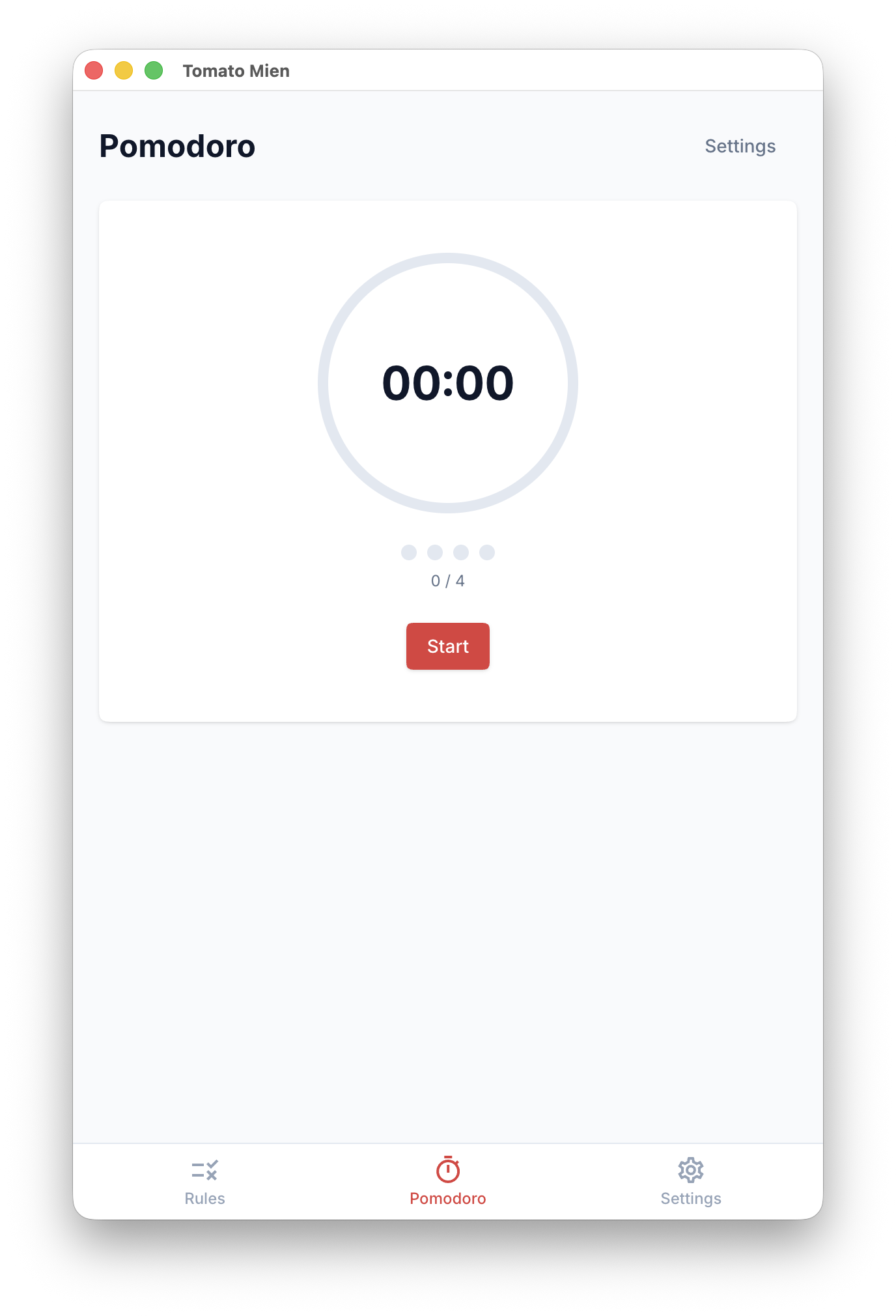 Tomato Mien Pomodoro screen with a circular timer, session progress dots, and a start button