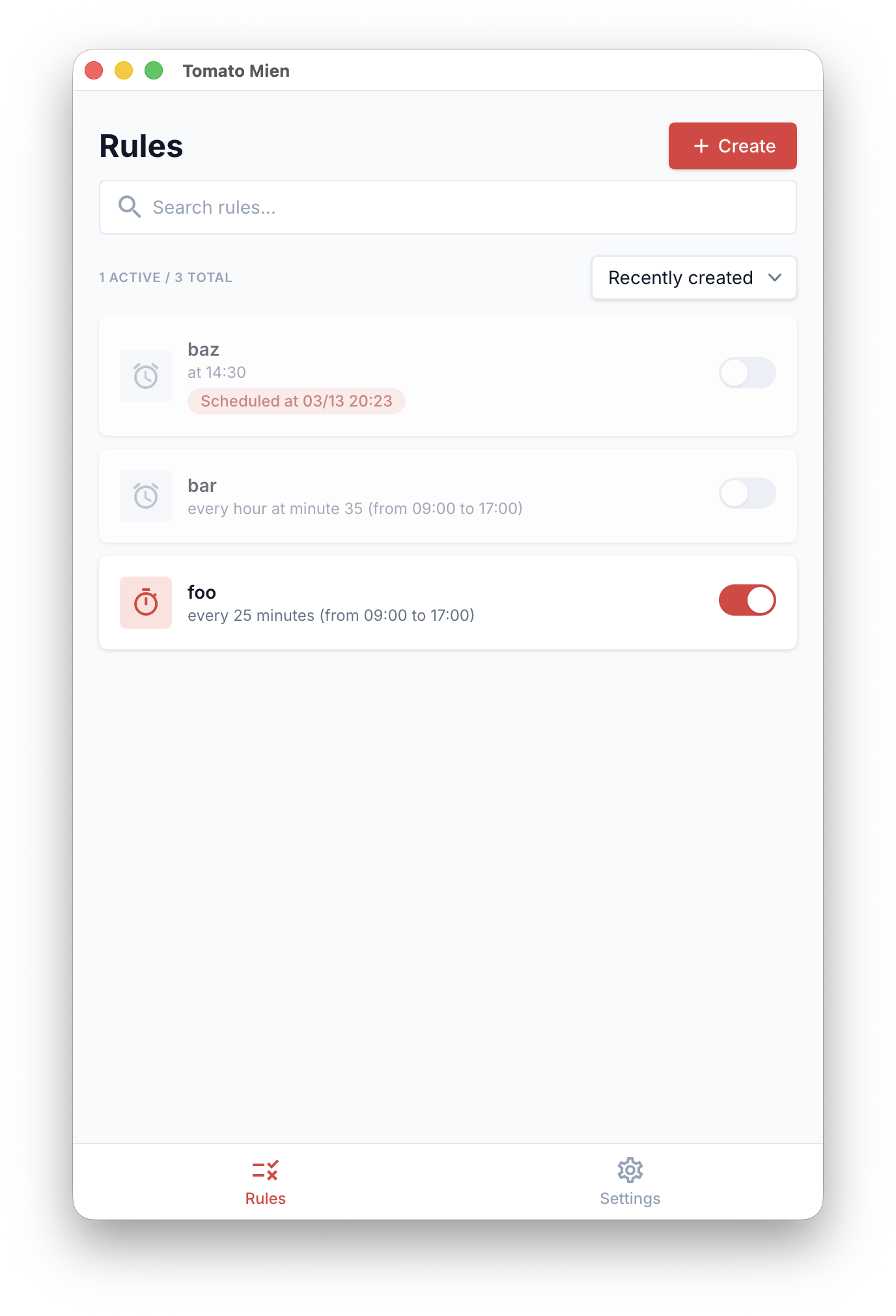 Tomato Mien rules list screen with search bar, active/total count, sort options, and rule cards with toggle